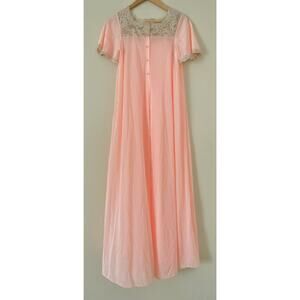 Vintage OLGA Pale Pink Long Nightgown & Robe Peignoir Set P Small Lace Trapeze